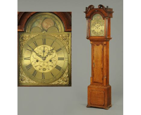 A George III oak and walnut banded longcase clock, with eight day striking movement by R. Deaves, Whitchurch, the arched bras