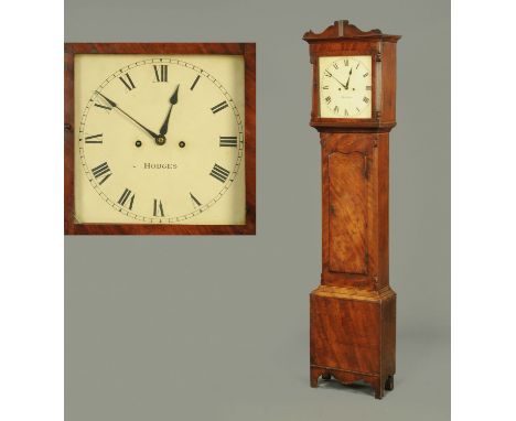 A Regency mahogany longcase clock, with shaped pediment above a glazed door enclosing the painted dial and two-train striking