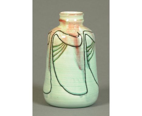 A Minton Secessionist vase, tube lined to light blue ground and with both impressed and printed marks to base.  Height 21 cm.