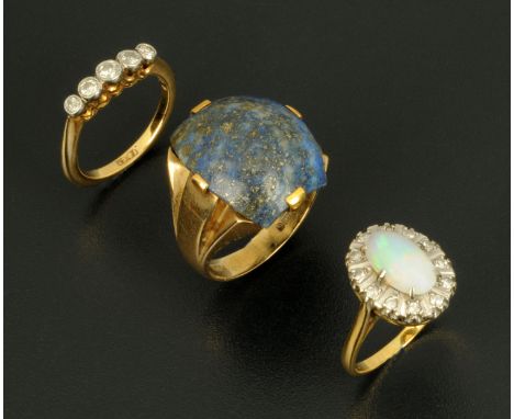 Three gold rings, 18 ct gold opal, size J, 18 ct gold five stone diamond, size I and 9 ct gold hardstone, size N/O. CONDITION