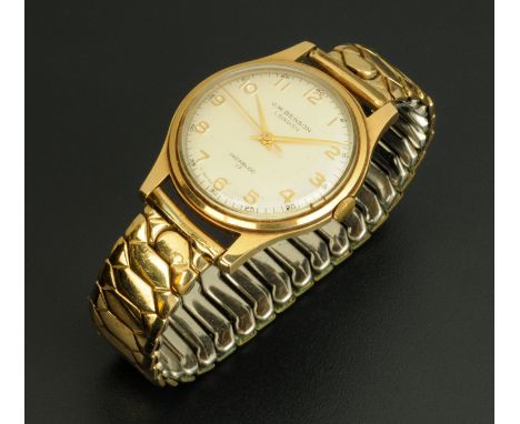 A 9 ct gold cased gentleman's wristwatch, J.W. Benson, London, champagne dial, Arabic numerals and plated expanding bracelet,