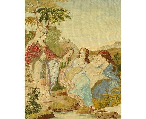 A 19th century woolwork tapestry, Moses in the bulrushes.  74 cm x 62 cm, framed.  CONDITION REPORT: The woolwork is in god c