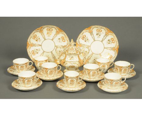 A Victorian part tea set, white, cream and gilt, comprising lidded sucrier, 2 plates, 9 cups and 7 saucers. CONDITION REPORT: