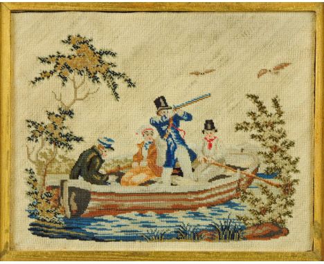A 19th century needlework tapestry, "Duck Shooting".  20 cm x 24 cm, in mahogany frame.