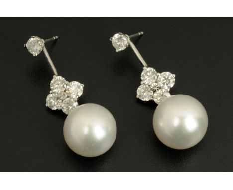 A pair of 18 ct white gold diamond and white cultured pearl drop earrings, diamond weight 3.72 carats, with IGL certificate F