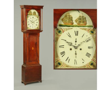 An early 19th century longcase clock, with painted dial, eight day striking movement, rectangular trunk door and raised on br