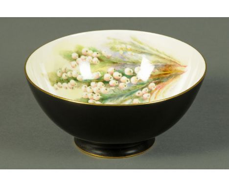 A Royal Worcester bowl, handpainted with foxgloves, etc., by W. Hale, puce mark to base.  Diameter 18 cm. 