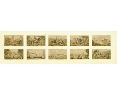 Ten framed Baxter print miniatures, Crystal Palace, Venice, etc.  Each 25 mm x 47 mm, in one gilt frame. 