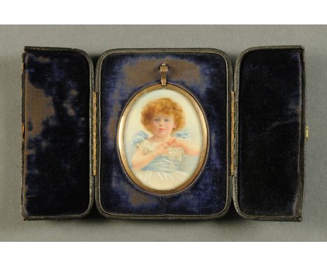 An oval portrait miniature, young girl with blue sash, painted on ivory and with hair back, dated 1896, inscribed verso "Digb