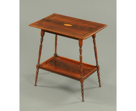 An Edwardian inlaid rosewood rectangular occasional table, boxwood strung with ebony banding and with centre shell motif, rai