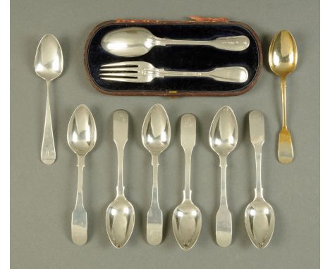 A collection of silver flatware, including a cased child's spoon and fork, Fiddle pattern, six Georgian silver Newcastle spoo