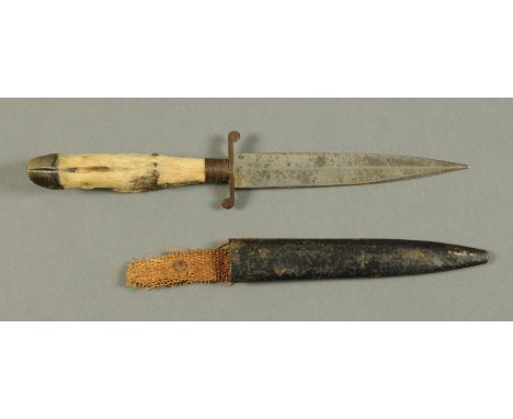 A hunting knife, with deer foot handle and painted metal scabbard.  Length 29.5 cm. 