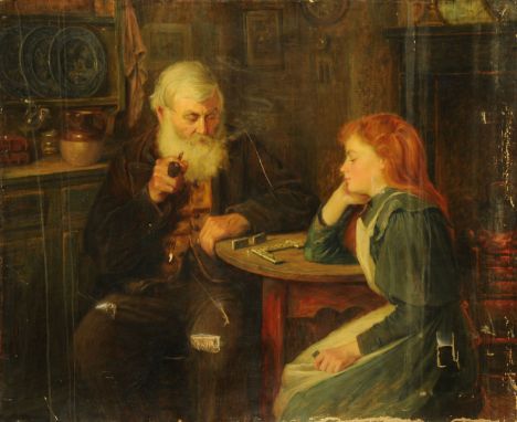 A 19th century oil painting on canvas, playing dominoes.  92 cm x 112 c (see illustration)..