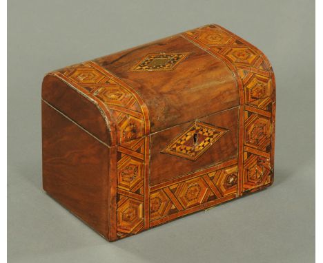 A Victorian parquetry tea caddy, with two interior compartments.  Width 18 cm. 