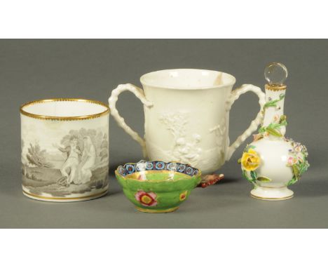 A Rockingham type floral encrusted scent bottle, height 8 cm, a small Cantonese enamelled bowl, diameter, 6.6 cm, a two handl