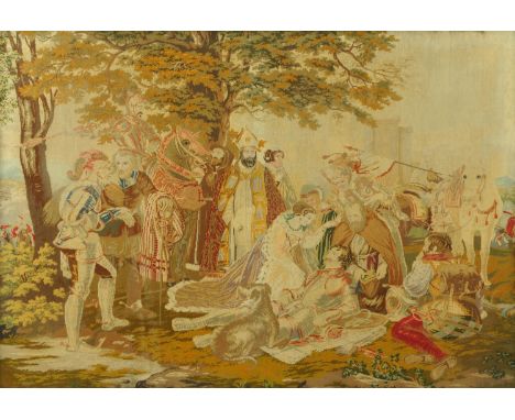 A 19th century Berlin type woolwork tapestry, depicting a post battle scene.  100 cm x 143 cm, framed and glazed. 