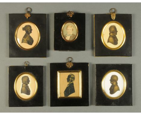 Six 19th century miniatures, five profile portraits, three labelled verso "J. Field, Profilist, No. 2 Strand, London", each i