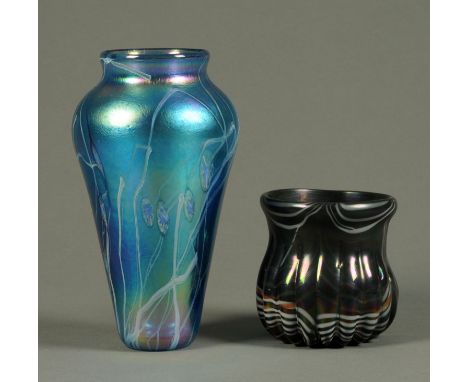 A Ditchfield squat ribbed vase, with white wave decoration, signature to base, height 12.5 cm, and a tall blue Ditchfield vas