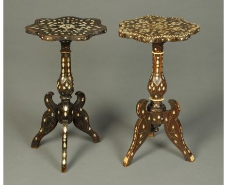 A pair of Eastern bone inlaid wooden occasional tables, each with tripod support.  Width 33 cm. 