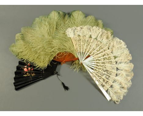 A collection of late 19th/early 20th century fans, including green ostrich feather, mother of pearl, lace and feather and bla