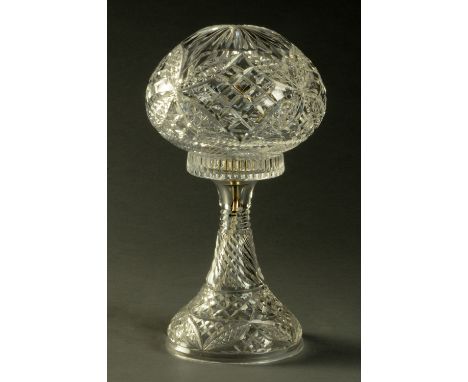 A cut glass table lamp and shade, mushroom shape.  Height 43 cm. 