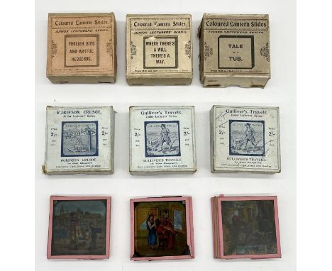 A collection of Magic Lantern picture slides including Cinderella, Tale of a Tub, Where There's a Will There's a Way, Foolish
