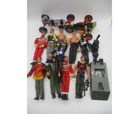 A collection of ten Action Man figurines, along with a small selection of vehicles and weapons.