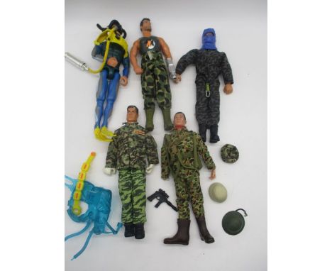 A collection of five Action Man figurines including scuba diving equipment, helmets, weapon etc
