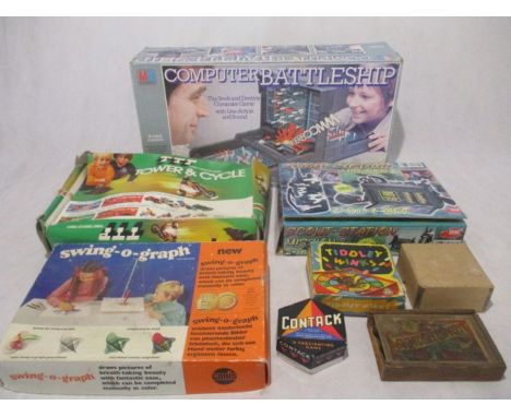 A collection of boxed vintage games including MB Computer Battleships, Gonis swing-o-graph, Dickie Spielzeug Scout-station mi
