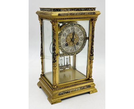 A Champleve enamel four glass striking mantel clock, circa 1890, multi-coloured scroll decorated champleve enamel borders, si