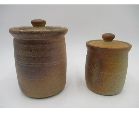 Two John Leach Muchelney pottery storage jars, tallest 17.5cm