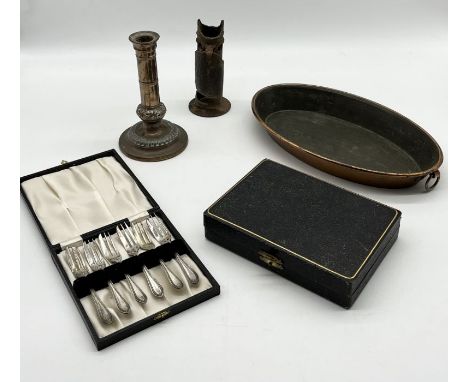 A collection of silver-plated cutlery, copper candlestick, tray etc. 