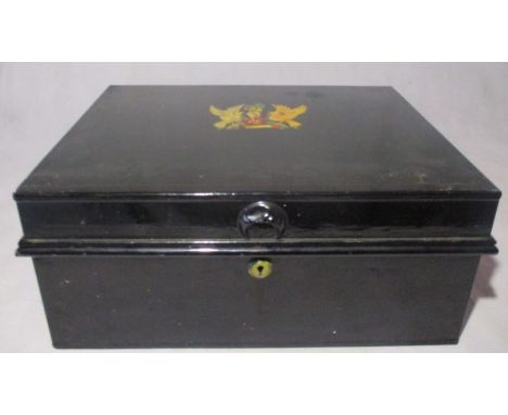 A vintage metal painted portable stationary box with a crest style 'Private' painted to top.