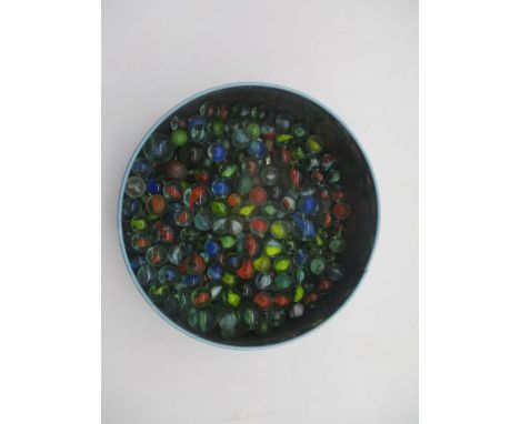 A collection of vintage marbles in a Peek Frean &amp; Co Ltd tin