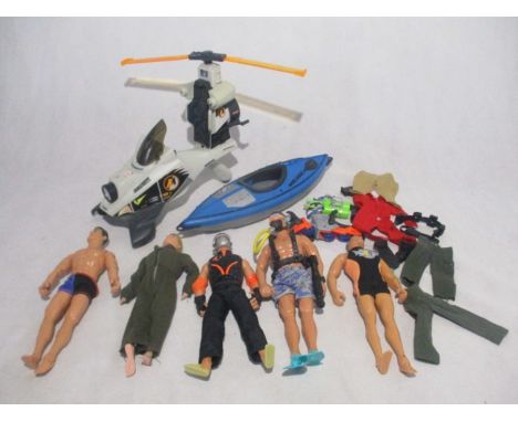 A collection of five Action Man figurines, along with a selection of accessories including canoe, clothing, roller blades, eq