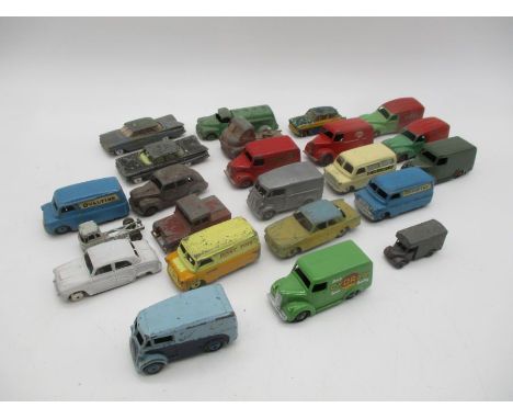 A collection of vintage playworn die-cast cars and vans including Dinky and Corgi Toys etc