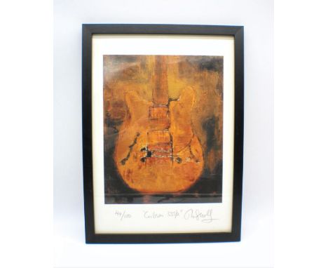 A signed limited edition framed print of a Gibson 335/2 guitar, by John Illsley of the Dire Straits, 45cm x 33cm.