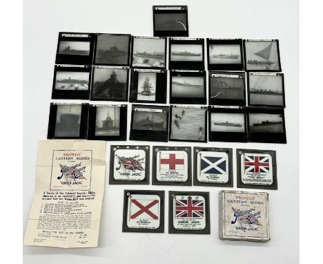 A collection of Magic Lantern slides showing a number of ships including HMS Nelson, HMS Victory along with six a slide set "