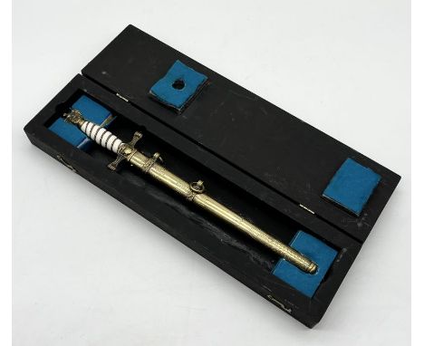 A German WW2 style Naval style ceremonial dagger with brass sheath and ring hangers in handmade wooden display box - overall 