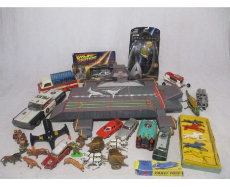 A collection of various toys including a boxed Corgi Back to The Future Delorean Time Machine &amp; Doc Brown (1:36 Scale), b