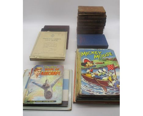 A collection of antique and vintage books including Princess Mary's gift book, Plutarch's Lives, the elements of logick in fo