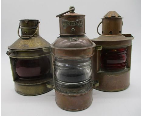 A vintage ships copper masthead lantern plus two ships port side lamps.