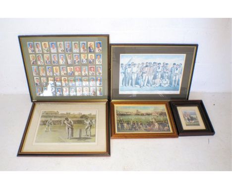 A framed set of Players cigarette cards of cricket players, along with four other framed prints relating to cricket.