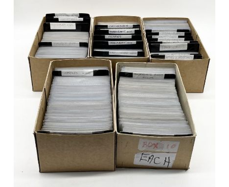 A large collection of vintage postcards over five boxes on subjects including Castles, Transport, Humour, Churches etc.