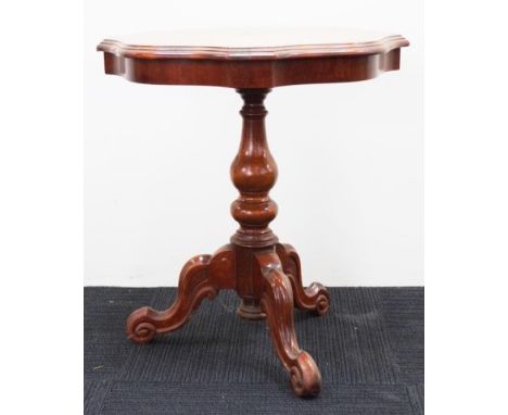 Vintage walnut occasional table marquetry decorated top, scalloped edge, to turned and carved tri-footed base, (height 60cm, 