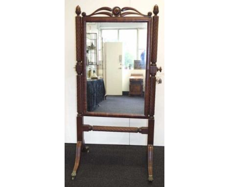 Regency mahogany cheval mirror with barley spiral twist supports and acorn finial tops, one knob on the centre pivot needs to