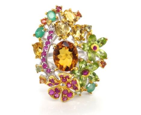 Multi gem flower ring sterling silver and gilt ring set with ruby, emerald, citrine, peridot,. Approx ring size Q