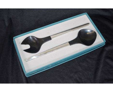 Pair Georg Jensen sterling salad servers Henning Koppell design, Caravel pattern, with marked sterling handles, and plastic s