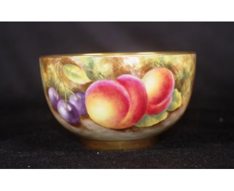 Royal Worcester signed hand painted bowl fruit decorated, signed Mayberry, gilded interior, marked to base, (height 5.5cm, di