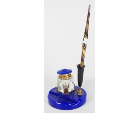 Vintage glass pen &amp; inkwell desk set including blue glass based inkwell with fixture for dip-in ink pen.